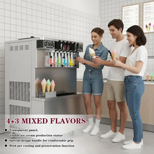Miniatura 5 de Comercial 17 Gal/H Productor de helado suave, 7 sabores de soporte de piso suave servido máquina de helado,4+3 mezclados yogur congelado helado