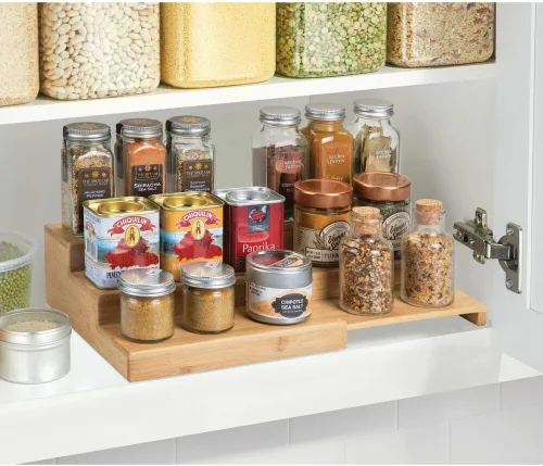 Miniatura 2 de mDesign Organizador de especias ajustable y expandible de bambú con 3 niveles de almacenamiento para armario de cocina, encimera, estante