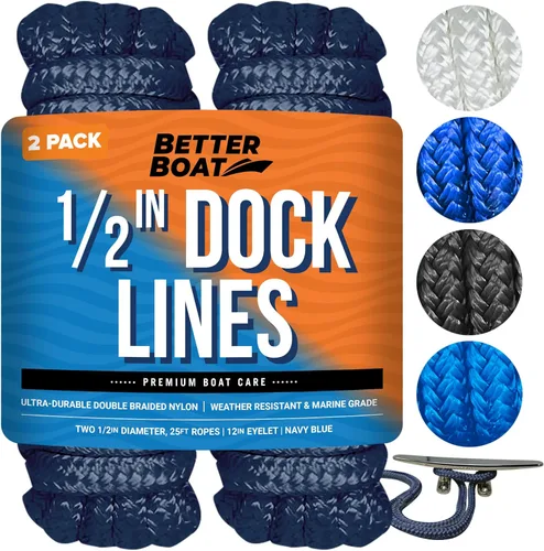 Miniatura 22 de Líneas de muelle para barcos de 1/2 pulgada x 25 pies, paquete de 2 cuerdas de nailon trenzado doble con bucle de 12 pulgadas, línea de amarre