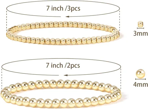 Miniatura 2 de Pulsera para mujer con cuentas chapadas en oro de 14 quilates, pulsera elástica de cuentas redondas