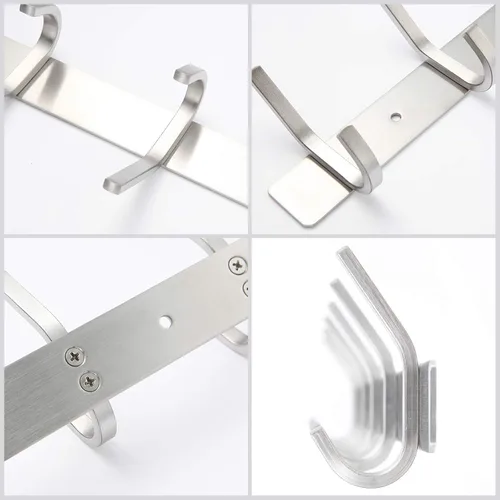 Miniatura 6 de Perchero montado en la pared, toalleros plateados de acero inoxidable con 4 ganchos para baño, cocina, puerta de dormitorio