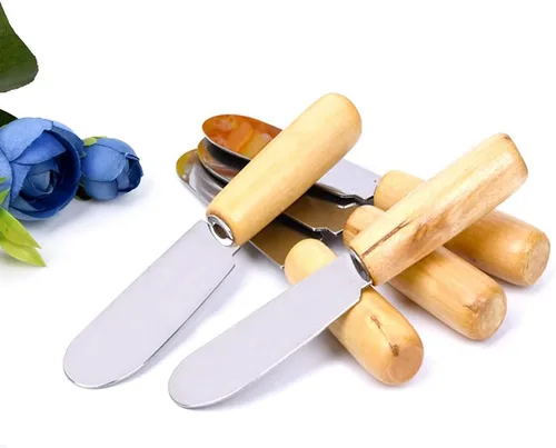 Miniatura 7 de ACKLLR Paquete de 5 esparcidores de mantequilla de acero inoxidable con borde recto y mango de madera, juego de esparcidores de condimentos de queso