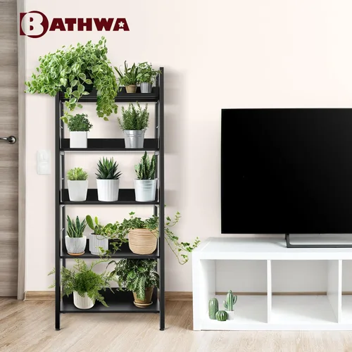 Miniatura 6 de BATHWA Estantería para libros de 5 niveles, estantería industrial de madera abierta y metal, estante de escalera de madera de 59 pulgadas de alto