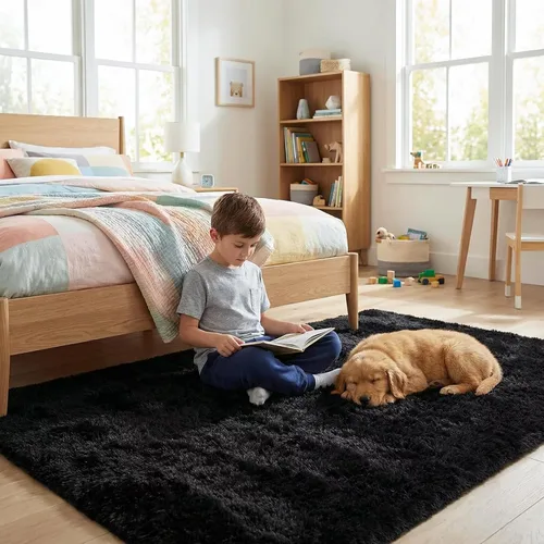 Miniatura 5 de JUNOVO - Alfombra de área lavable, antideslizante, alfombras ultra suaves de 4 x 5.3 pies, alfombras esponjosas para dormitorio, niños, niñas, Azul