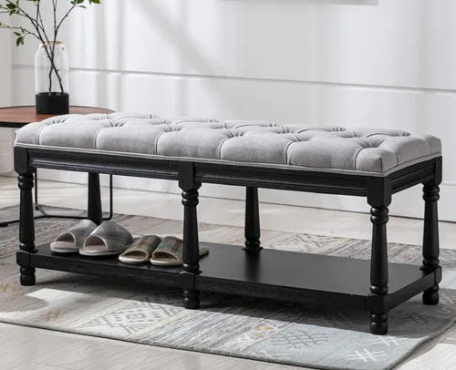 Kmax Banco de almacenamiento para entrada con zapatero acolchado, banco de calzado de madera negra para ventana, banco para entrada de pasillo, Gris