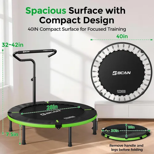 Miniatura 8 de BCAN 40"/38" Foldable Mini Trampoline, Rebounder Trampoline for Adults, U/T Adjustable Foam Handle, Exercise Rebounder for Adults Indoor/Garden