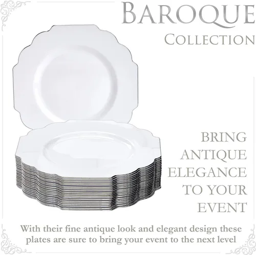 Miniatura 2 de SILVER SPOONS Platos desechables de diseño elegante para fiesta (10 piezas) Juego de cena desechable resistente de 10.75 pulgadas, platos de Blanco