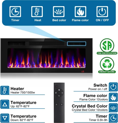 Miniatura 3 de Chimenea eléctrica de 43 pulgadas empotrada y montada en la pared, calentador de chimenea y chimenea lineal, chimenea eléctrica ultrafina, bajo