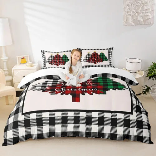 Miniatura 51 de Juego de funda de edredón para niños con diseño de Navidad, tamaño individual, camiones rojos y árboles de pino con copos de nieve, decoración