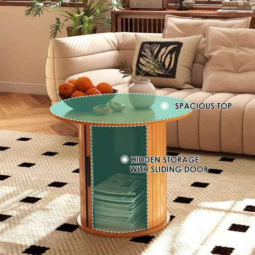 Miniatura 4 de COSVALVE Mesa de Café Redonda de Madera 60CM con Almacenamiento Oculto y Puerta Deslizante, Conjunto de Mesas Auxiliares Circulares de Estilo Granja