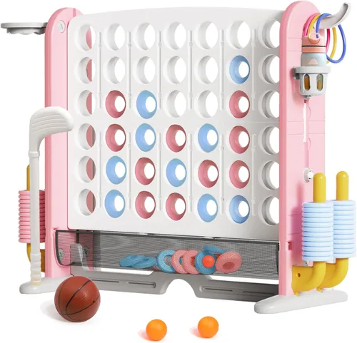 Miniatura 10 de Juego Gigante de Conectar 4 en Fila con Tela de Malla Altura Ajustable Set de Juego de Patio Jumbo 4-en-1 de 4-para-Anotar con Baloncesto, Golf