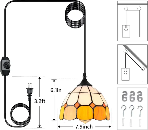 Miniatura 4 de Lámpara colgante Tiffany - Lámpara colgante regulable mini con enchufe, lámpara de techo estilo swag clásica perfecta para comedor, recámara