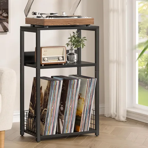 Miniatura 3 de LELELINKY - Soporte grande para tocadiscos negro de 18" de ancho, mesa auxiliar de 3 niveles con almacenamiento para vinilos hasta 130 álbumes