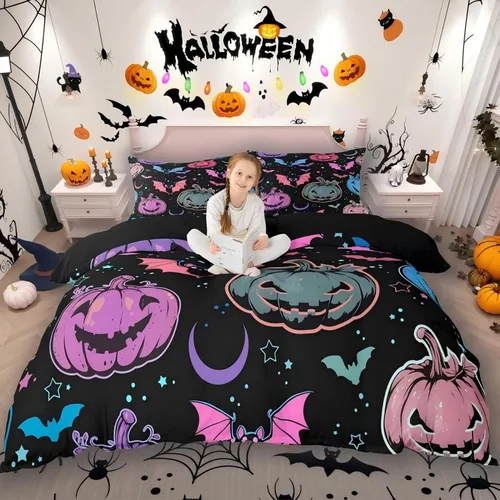 Miniatura 14 de Erosebridal Juego de ropa de cama de murciélago de Halloween, tamaño individual, con purpurina y estrellas, galaxia, funda de edredón para niños