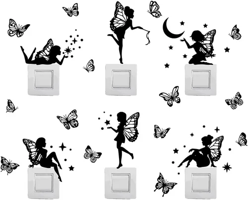 SUPERDANT Calcomanías de pared de hadas de mariposa negra, elfos, estrellas, luna, interruptor de decoración, pegatina de despegar y pegar,