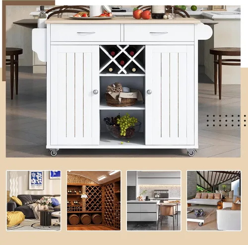 Miniatura 6 de Carrito de isla de cocina, moderno carrito móvil de isla de cocina con 2 armarios de almacenamiento y 4 ruedas de bloqueo, estante de vino, 2