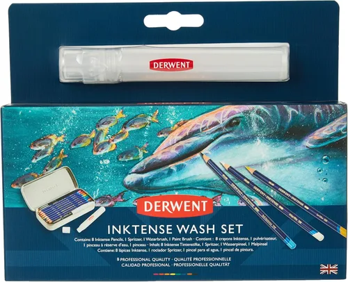 Derwent Inktense Wash Set, juego incluye 8 lápices Inktense, 1 pulverizador, 1 pincel de agua, 1 pincel de pintura, núcleo redondo premium de 4mm,