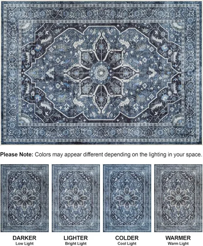 Miniatura 8 de Bloom Rugs Caria Alfombra Lavable Antideslizante de 7 pies - Azul/Carbón Alfombra Tradicional para Entrada, Pasillo, Baño y Cocina - Tamaño Exacto