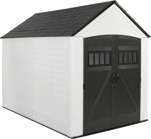 Miniatura 7 de Rubbermaid - Cobertizo grande vertical de resina para exteriores con piso (6.2 x 4.6 pies), resistente a la intemperie, beige/marrón, para organizar