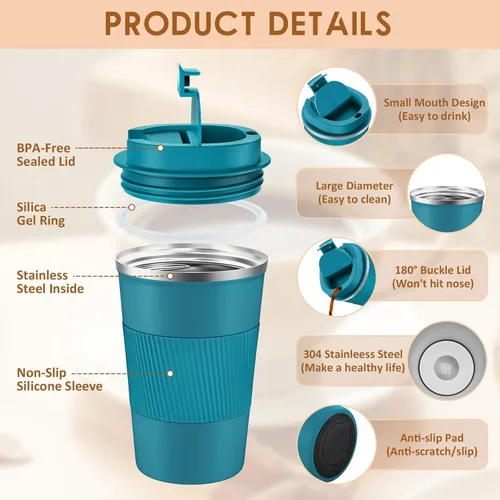 Miniatura 6 de KETIEE Taza de Café de Viaje 12oz: Taza de Café Aislada con Tapa a Prueba de Fugas, Vaso de Café, Tazas de Café Reutilizables con Tapa Sellada, Taza