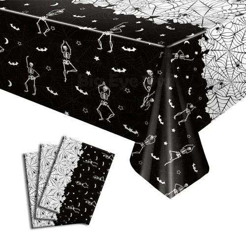 3 manteles desechables de Halloween con diseño de calavera y esqueleto, de plástico, color negro, rectangular, de vinilo, para decoración de fiestas