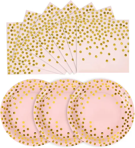 Miniatura 20 de Juego de platos y servilletas de papel rosa y oro rosa - 200 piezas - 100 platos de papel desechables de 7" y 100 servilletas de 6.5", suministros