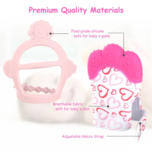 Miniatura 3 de Vicloon Manopla de dentición de silicona, 2 piezas Manopla de dentición con correa ajustable, sonido crujiente y texturada, juguetes para morder