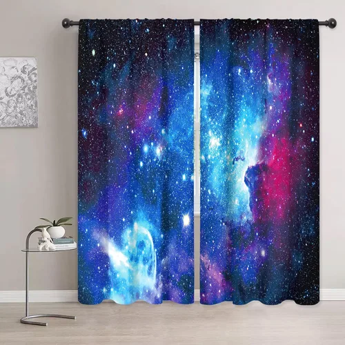 Miniatura 7 de Riyidecor Cortinas y Drapes Galaxia Espacio Nebulosa Cortinas de Cocina (2 Paneles 29.5 x 63 Pulgadas) Azul Bolsillo para Varilla Universo Planetas