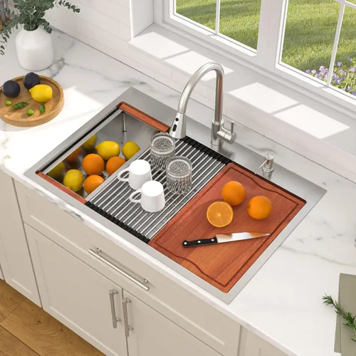 Miniatura 2 de Dcolora 33x22 Fregadero de cocina de acero inoxidable de 16 calibres, estación de trabajo de caída, fregadero de cuenco único grande, montaje
