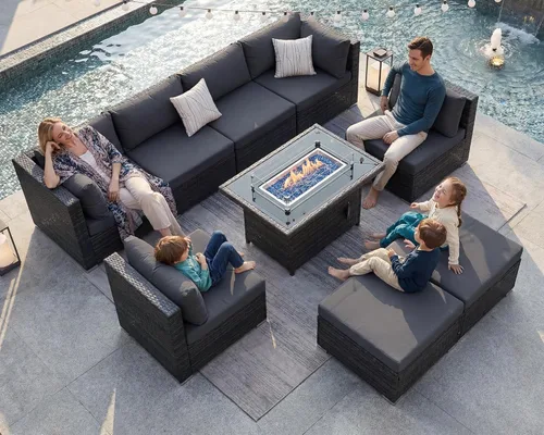 Miniatura 38 de BULEXYARD Juego de 7 piezas de sofá seccional para exteriores con respaldo alto, mesa para fogatas, juego de muebles de patio de mimbre resistente a
