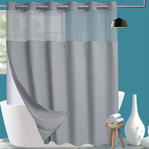 Miniatura 17 de Conbo Mio Cortina de ducha sin ganchos de tela de gofre con forro extraíble, lujosa para hotel, azul oscuro, para baño con ventana transparente