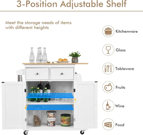 Miniatura 4 de COSTWAY Isla de cocina sobre ruedas, carrito utilitario con estante ajustable, 2 cajones, estante de especias de 3 niveles, toallero, gabinete de 2