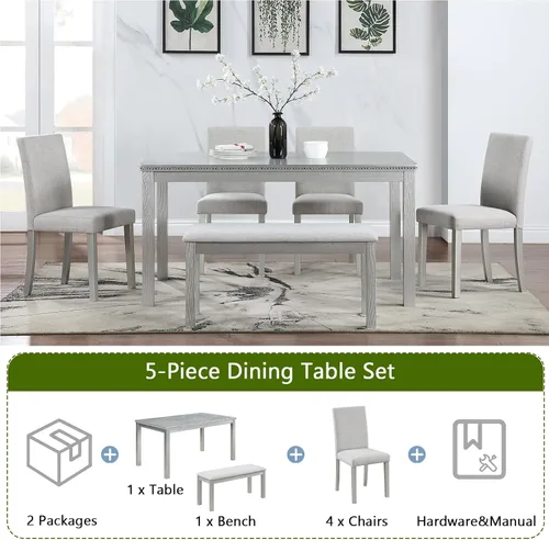 Miniatura 2 de LUMISOL - Juego de mesa de comedor de madera maciza con 4 sillas tapizadas y banco para cocina, comedor, sala de estar, gris plateado