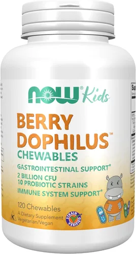 NOW Foods Suplementos, BerryDophilus™ con 2 mil millones, 10 cepas probióticas, endulzado con xilitol, verificado por cepa, 120 masticables, el