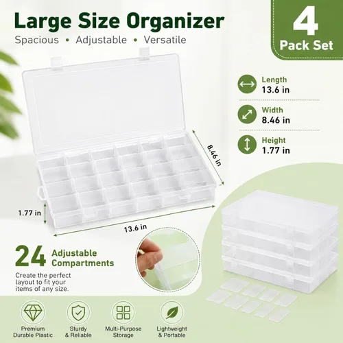 Miniatura 2 de Paquete de 4 cajas organizadoras grandes de plástico de 24 rejillas con divisores, organizador de 24 compartimentos, organizadores de cajas