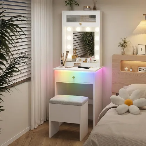 Miniatura 10 de ARTETHYS Juego de escritorio pequeño con 3 espejos iluminados ajustables y silla de almacenamiento, mini tocadores de maquillaje para espacio Blanco