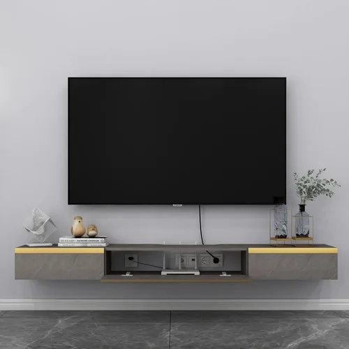 Miniatura 5 de Pmnianhua Soporte flotante para TV con 2 cajones, consola de TV de 66 pulgadas para montar en la pared, estante debajo de la TV con almacenamiento