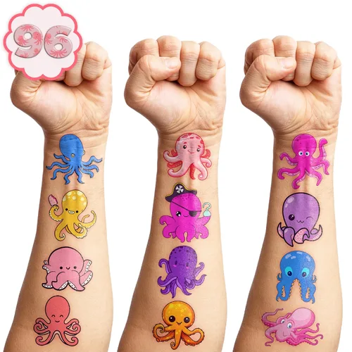 Miniatura 2 de 100 piezas temáticas de pulpo, regalos de fiesta de cumpleaños, suministros de decoración, pulpo, océano bajo el mar, animales, tatuajes temporales