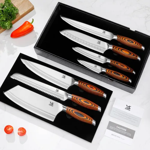 Miniatura 9 de MSY BIGSUNNY Juego de cuchillos de cocina de 7 piezas, acero inoxidable alemán para cuchillos de chef con mango de madera de Pakkawood, juego