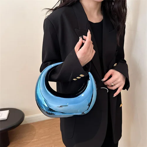 Miniatura 6 de Bolso metálico en forma de luna - Bolso metálico de luna, bolso de mano metálico Y2k, bolso de mano de luna con cadena de metal