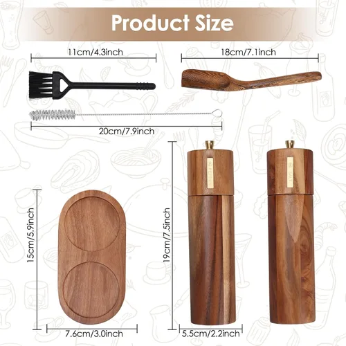 Miniatura 7 de Juego de molinillo de sal y pimienta de madera, molinillo manual de sal y pimienta de 8 pulgadas con cepillo y cuchara, grosor ajustable, molinillo