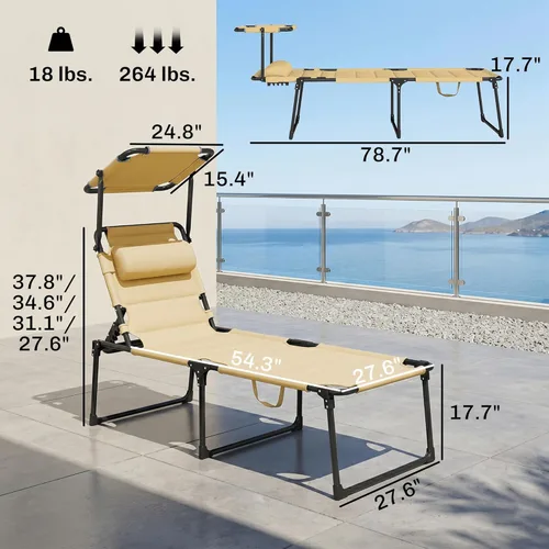 Miniatura 6 de Outsunny Sillón para exteriores, respaldo ajustable, tumbona plegable, silla de bronceado acolchada con techo parasol y reposacabezas de almohada