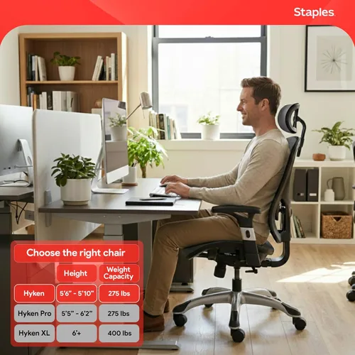 Miniatura 4 de STAPLES Silla de oficina ergonómica Hyken Silla de escritorio giratoria con soporte lumbar ajustable y malla transpirable, para oficina en casa