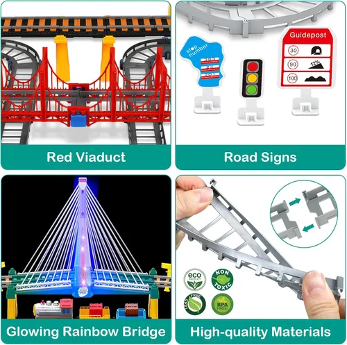 Miniatura 4 de Juego de tren eléctrico para niños de 4 a 8 años con juego de pistas de tren y pistas de automóvil, puente iluminado, señal de tráfico, sonido