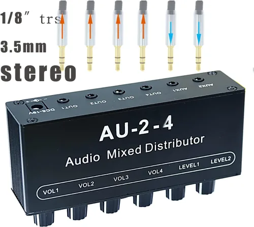 Miniatura 5 de 1/8 "entrada auxiliar mezcla 2 en 4 canales salida caja de auriculares amplificador de auriculares 0.138 in mezclador 1/8 pulgadas estéreo
