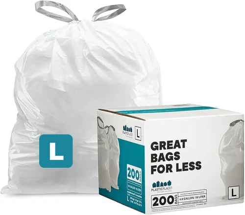 Plasticplace Bolsas de basura de ajuste personalizado, compatibles con Simplehuman Code L (200 unidades) forros de basura blancos con cordón de 4.8