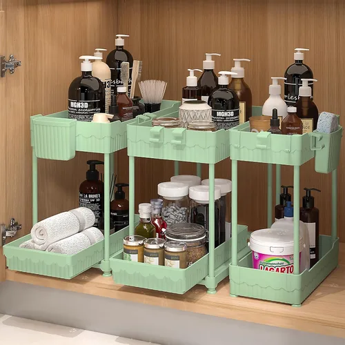 Miniatura 8 de Sevenblue Paquete de 3 organizadores para debajo del fregadero, organizadores multiusos de cocina y baño de 2 niveles y almacenamiento con cajones