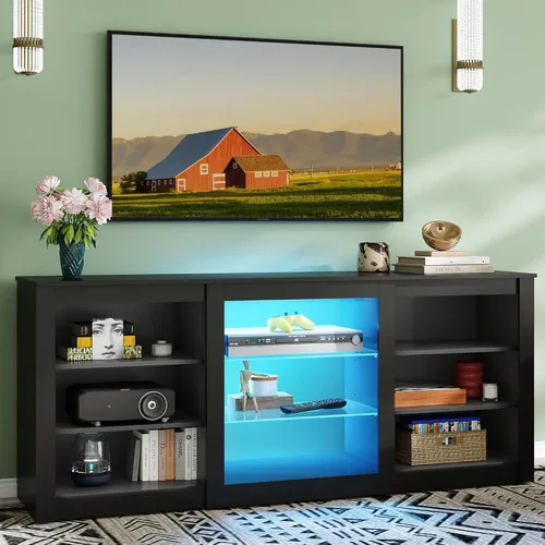 WLIVE Moderno soporte de TV para TV de 65 pulgadas, centro de entretenimiento con estantes abiertos ajustables y luces LED RGB, consola multimedia