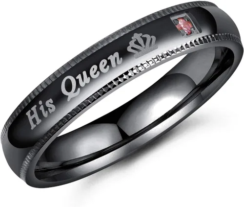 Miniatura 3 de Conjunto de 2 anillos negros de acero inoxidable para parejas, de compromiso, de boda, frase en inglés His Queen y Her King