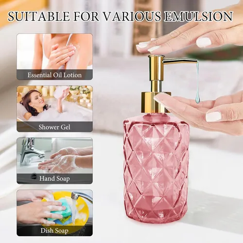 Miniatura 3 de Paquete de 2 dispensadores de jabón de vidrio rosa, 11.2 fl oz/11 oz, dispensador de acondicionador de ducha de baño con bomba dorada, botella